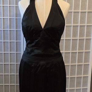 Cache Black Satin Halter V-Neck Prom Dress